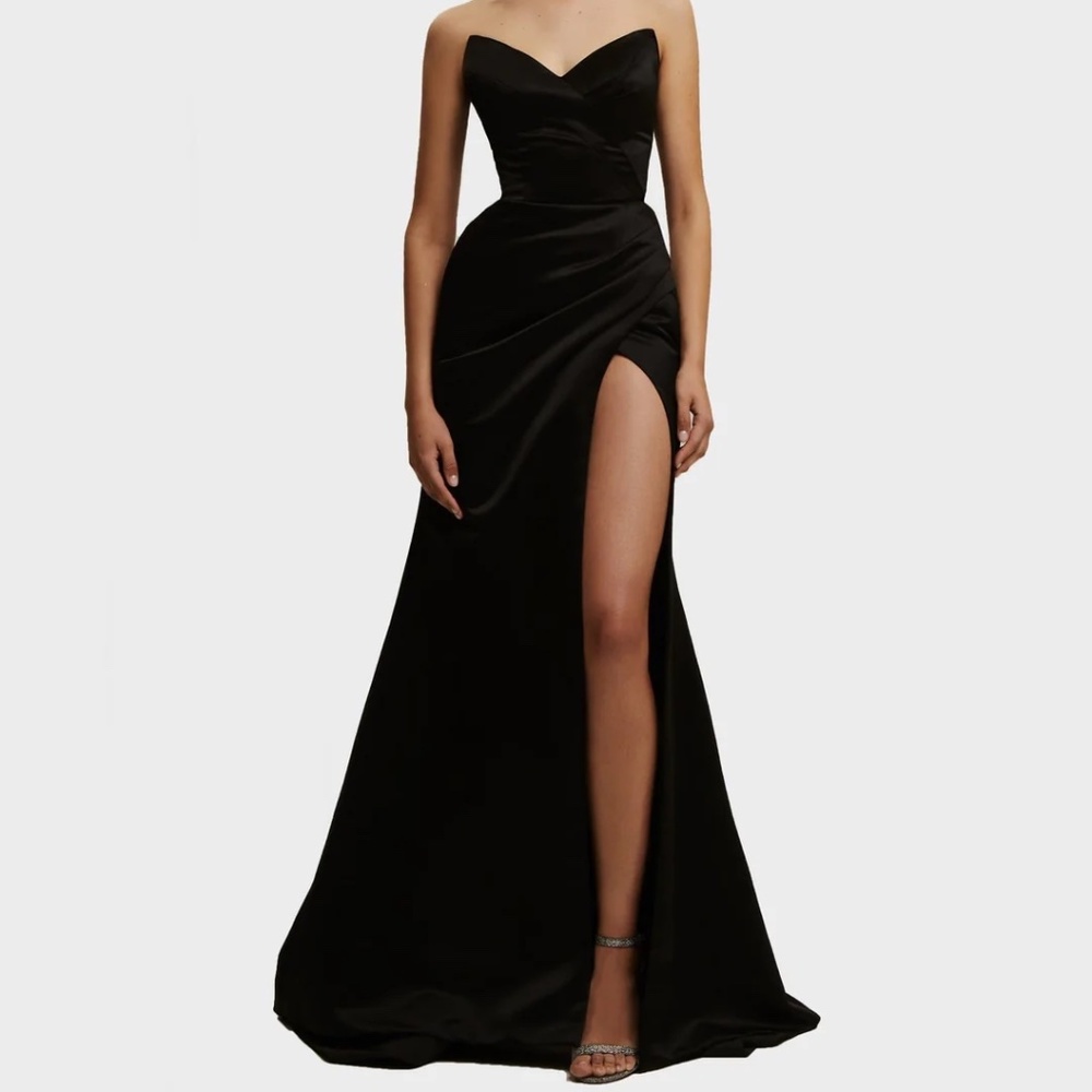 Black Strapless evening gown with thigh slit